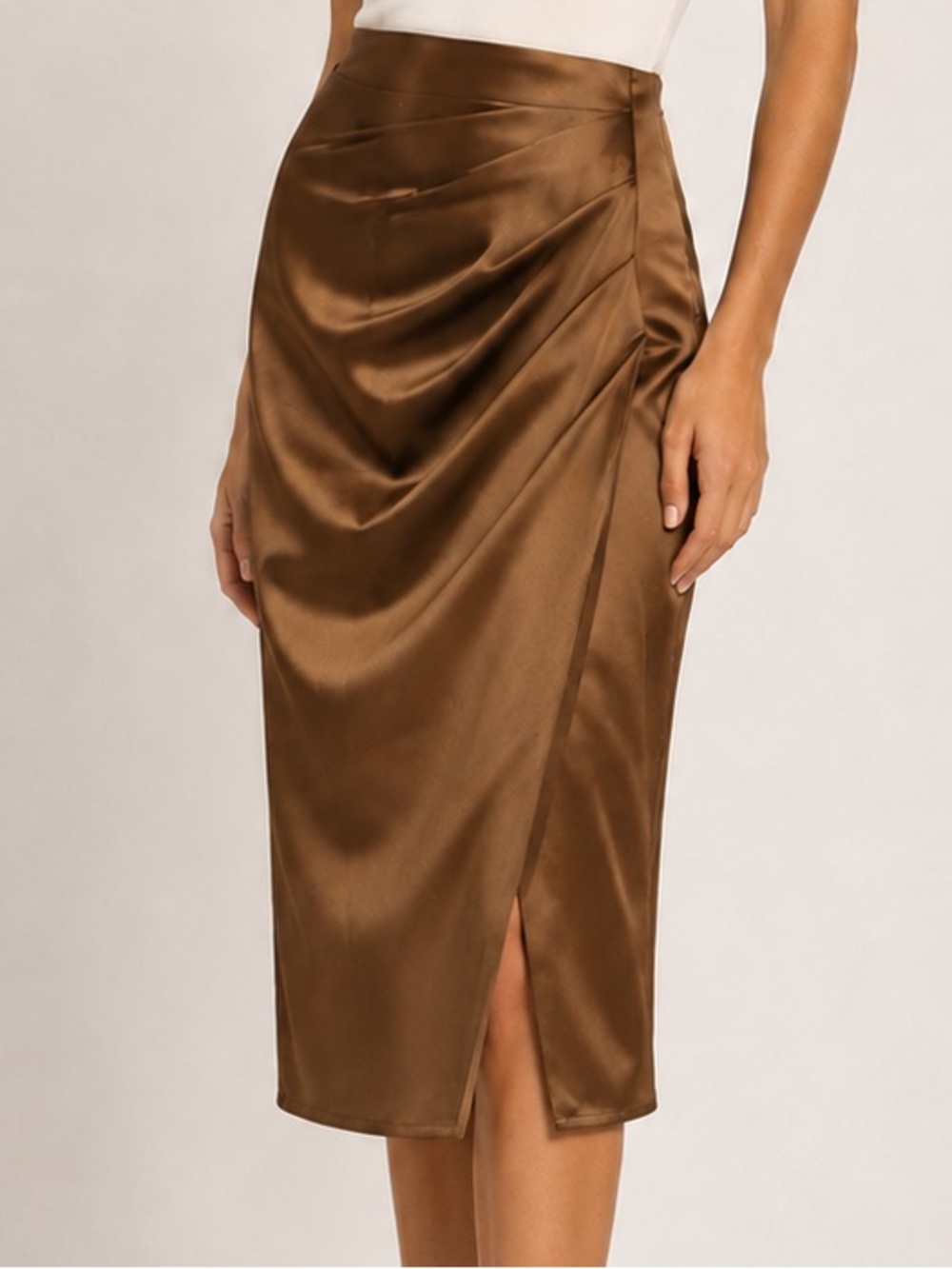 Bronze Satin Ruched Wrap Midi Skirt XS